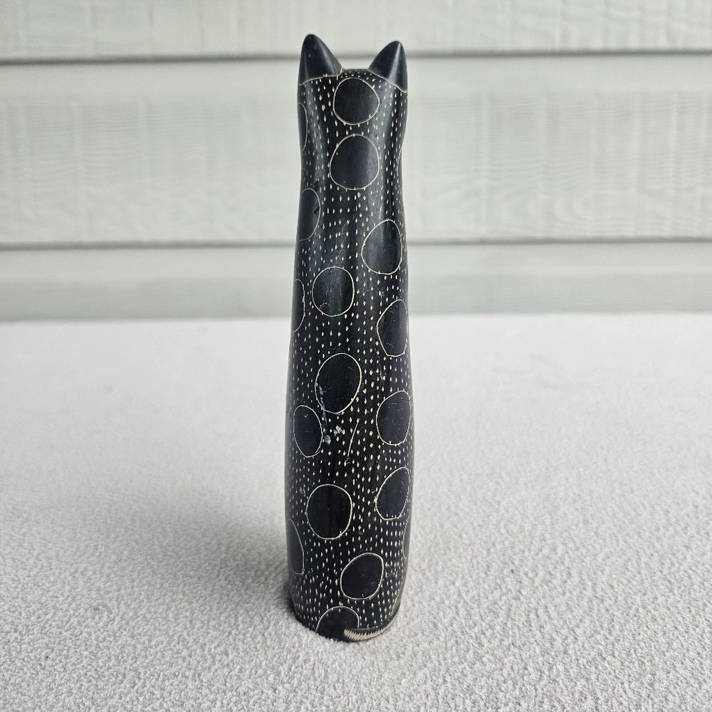 Soapstone Carved Serenity Cat Figurine Abstract Tall 6" Black African Egyptian - Picture 3 of 7